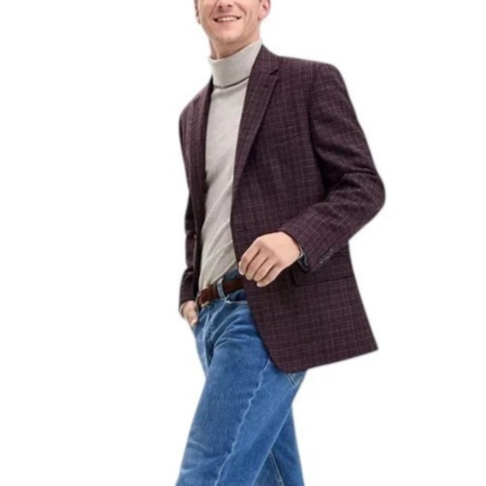 Tommy Hilfiger Mens Modern fit Sport Coat Blazer 48L Red Blue Plaid Wool Blend
